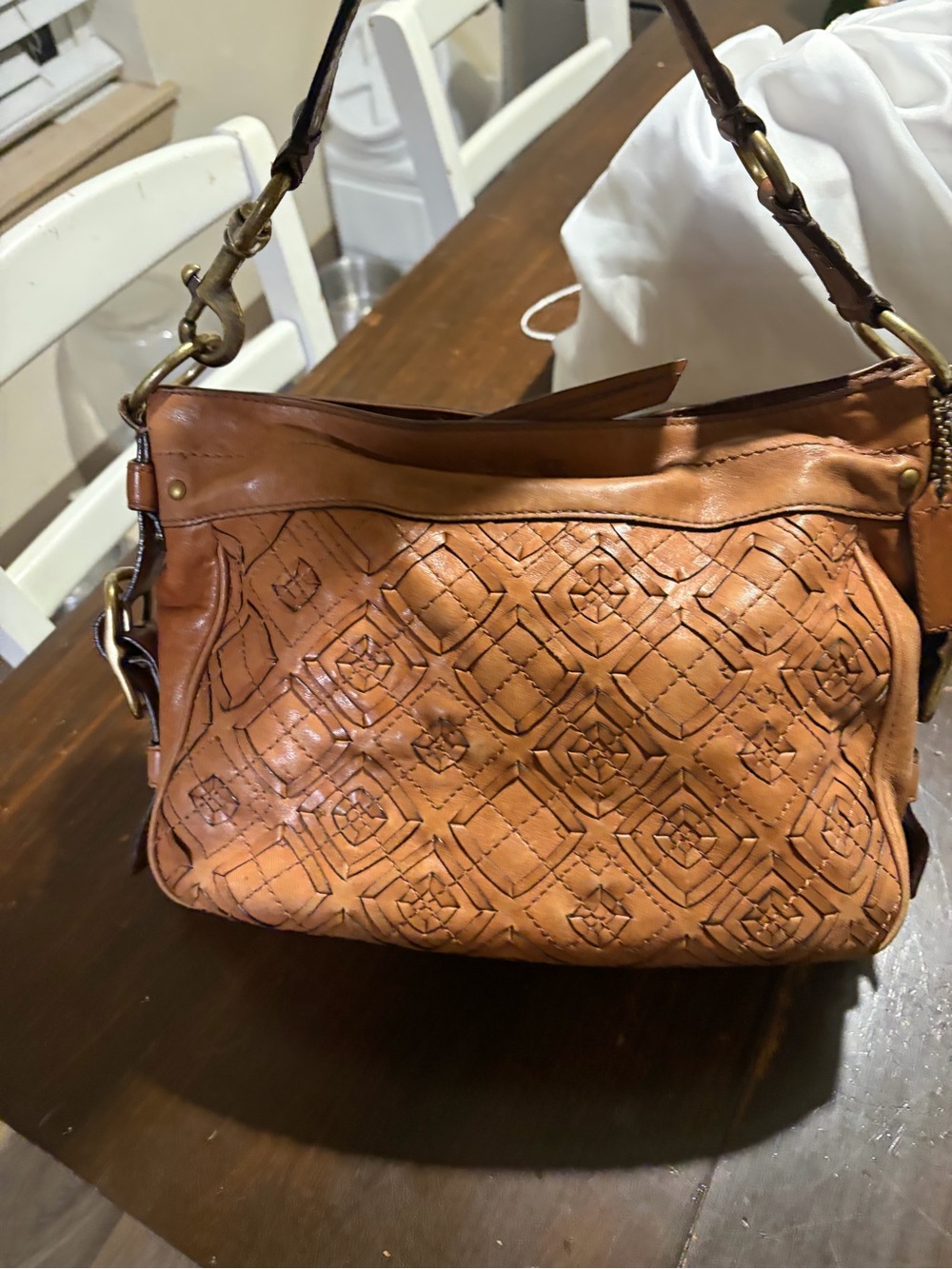 Coach Tan Leather Zoe Shoulder Bag with woven leather